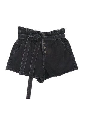 American Eagle Women 6 Mom Short Black Button Fly Waist Tie Denim Jean Shorts